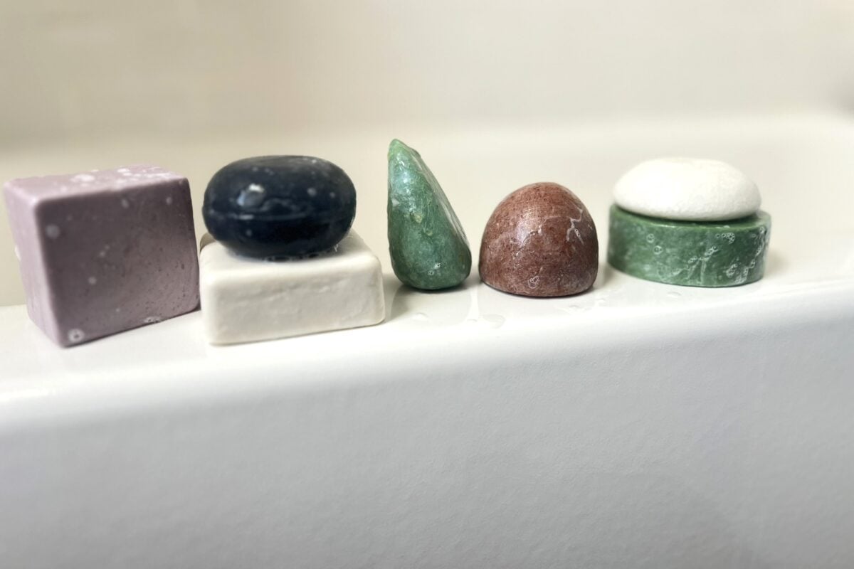 shampoo bars on bathtub ledge